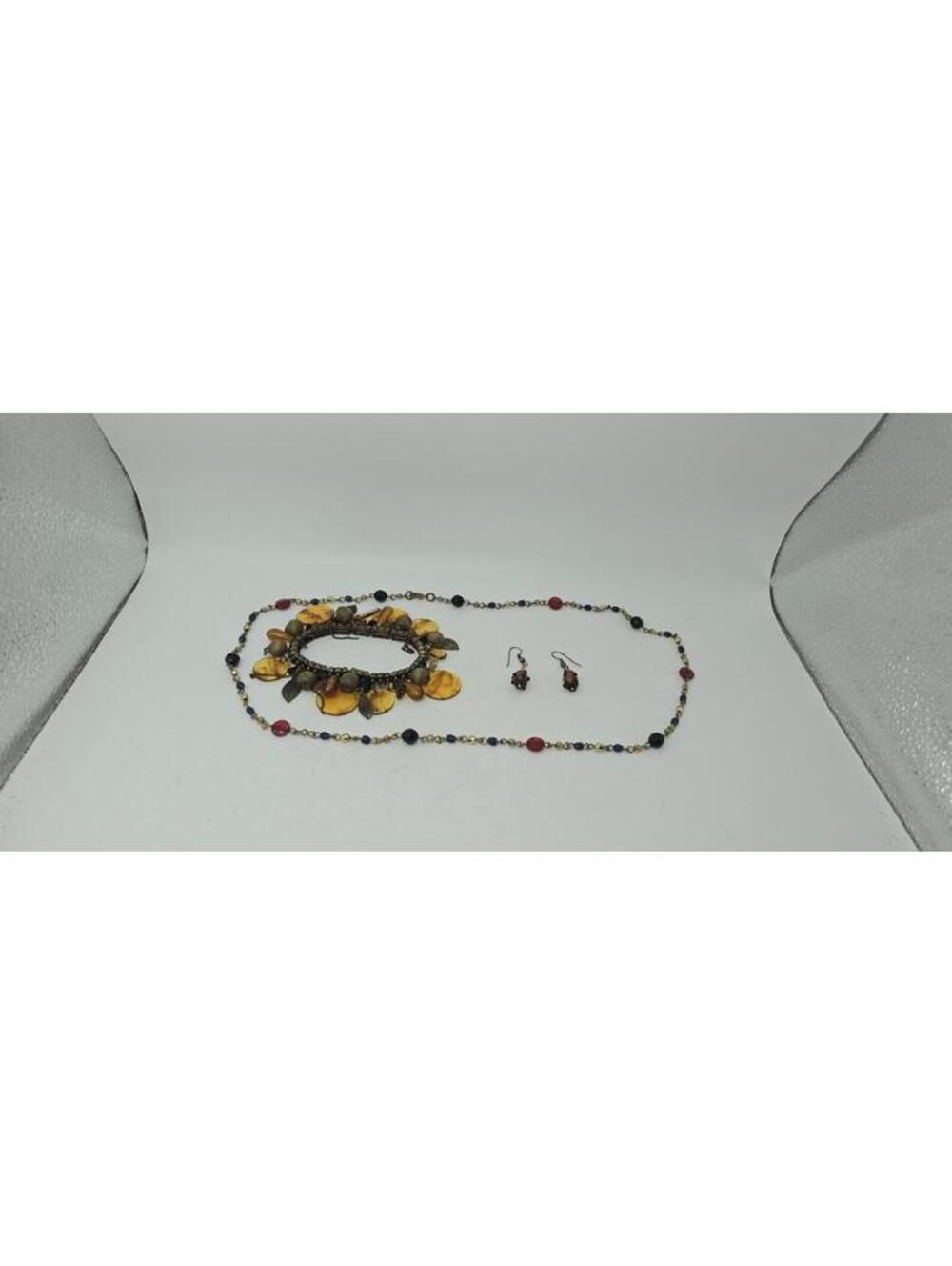 Vintage Amber Trio Glass Metal Beaded Necklace, Bracelet, and Earrings
